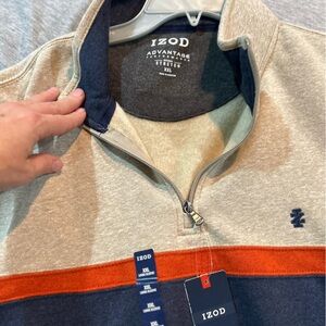 New~IZOD Advantage Performance Men's half Zip Sweater in Beige, Navy, and Orange